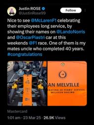 Screenshot from Rose's tweet about McLaren F1 / Source: @JustinRose99 on X